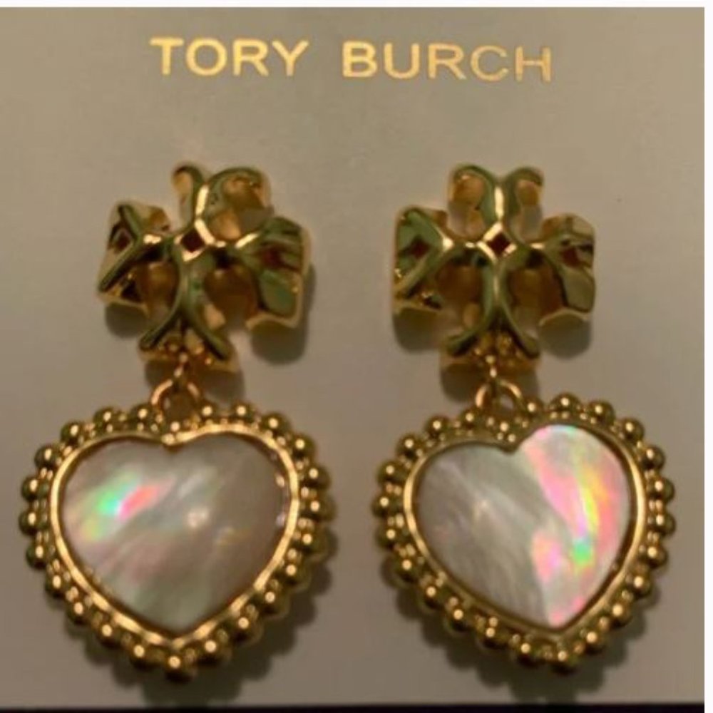 18k gold  Tory Burch Roxanne and Mother of Pearl Heart Statement Earrings